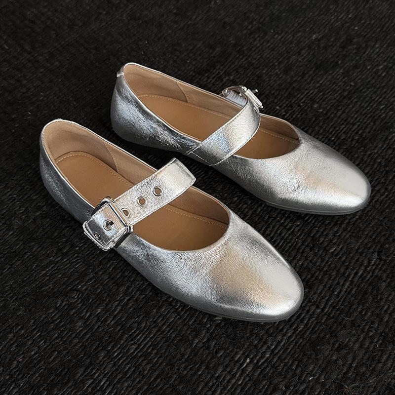 

Серия Мэри Джейн~ Однословные туфли из овчины на плоской подошве 2025 весна наступающие на дерьмо туфли Мэри Джейн на мягкой подошве серебристого цвета 39 серебряный