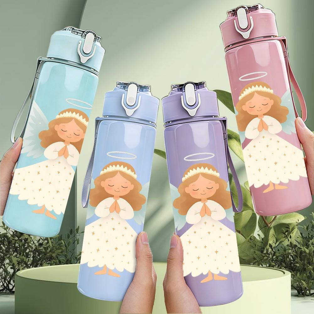 1PC White Angel Wings Figure 750ml Color Plastic Sports Water Bottle Leakproof Flip Straw Lid Suitable for Sports Office Home Use