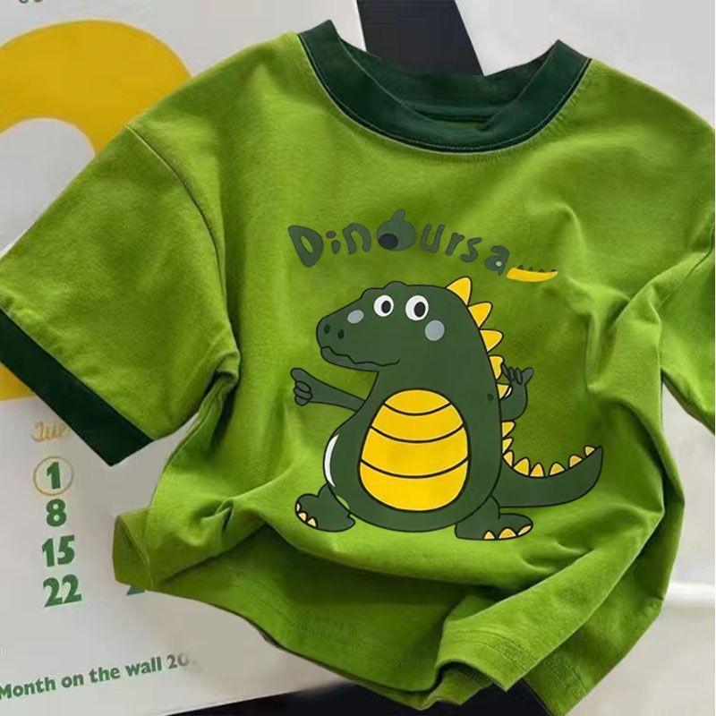 Summer Kids Cotton T Shirt Dinosaur Print Block Round Neck Short Sleeve Top For Boys And Girls