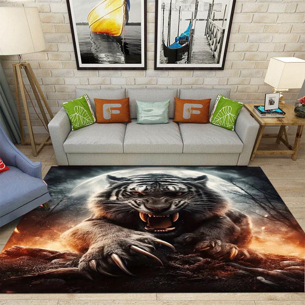 Dual Tiger with Ice Flame Effects Living Room Large Carpet  White Tiger Patterns Anti-slip Rug for Home Decor