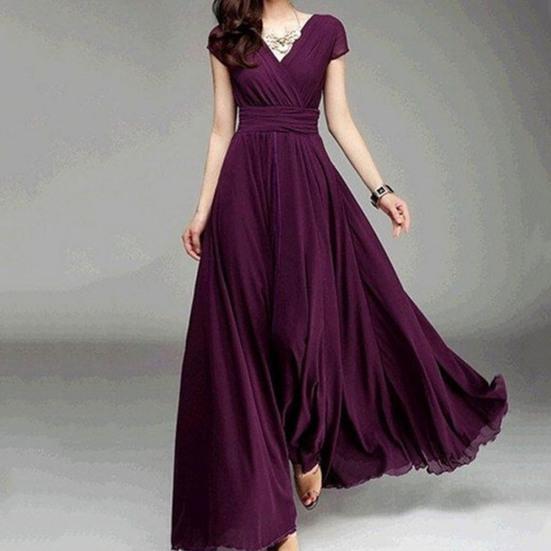 Plus Size Solid Color Women Party Suknia V Neck Krótki rękaw Slim Fit Maxi Dress