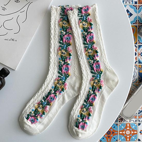 1 par middels lange, varme sokker til kvinner, med blomstermønster og etnisk trykk, crew socks for høst og vinter