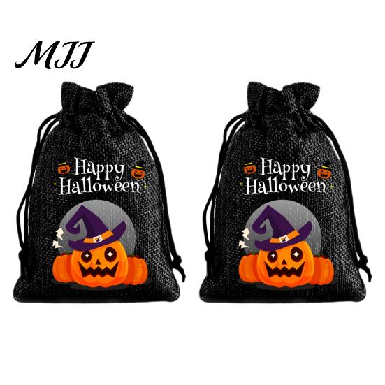 Small Storage for Candies 2Pcs Halloween Pumpkin Drawstring Bags Candy Treats, Retro Burlap Pattern Party Favors Trick or Treat Bags, Portable Goodie