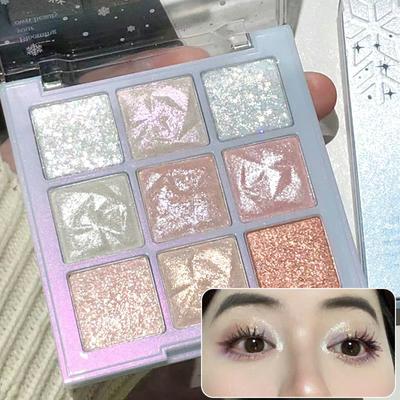 9 barev Glitter Snowflake Paleta očních stínů Diamond Flash Zvýrazňovač Rozjasňující oční stíny Lesklé Ležící Hedvábný Voděodolný Trvající třpytivý Make-up očí