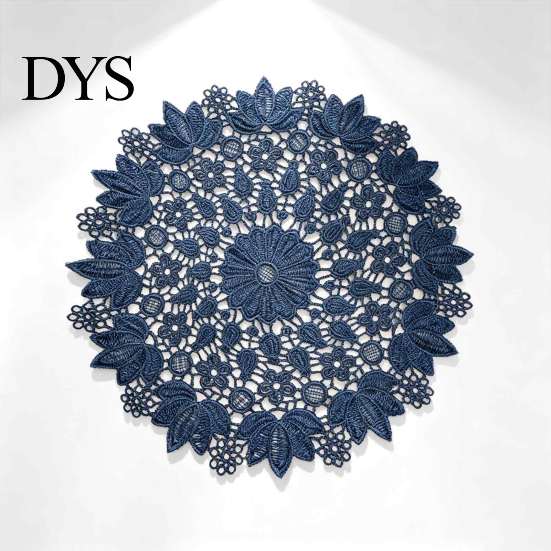 Tea Tray Mats Round Lace Doily, Dark Blue Floral Placemat, Embroidered Table Fabric Doilies Mat, Heat-resistant for Home Decoration Covers