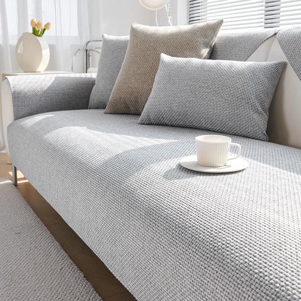 New Chenille Couch Cover Solid Color Four Seasons Sectional Couch Covers Washable Anti-Slip Slipcover Coarse Cloth Sofa Cushion