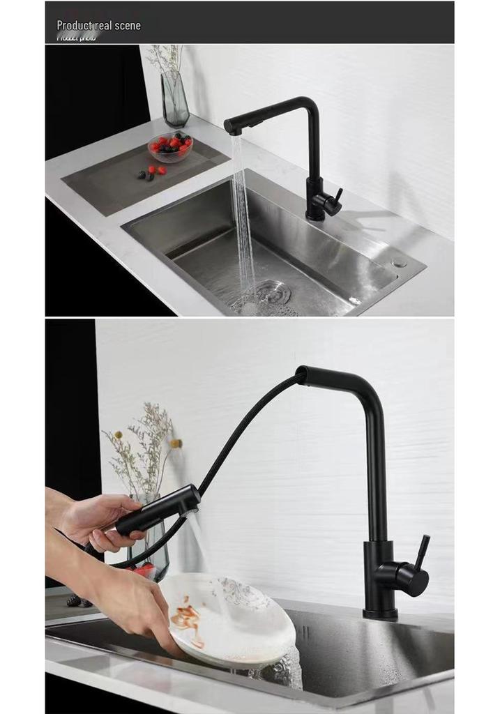 304 Stainless Steel Rotatable Kitchen Faucet with Pull-out Spray for Hot and Cold Water