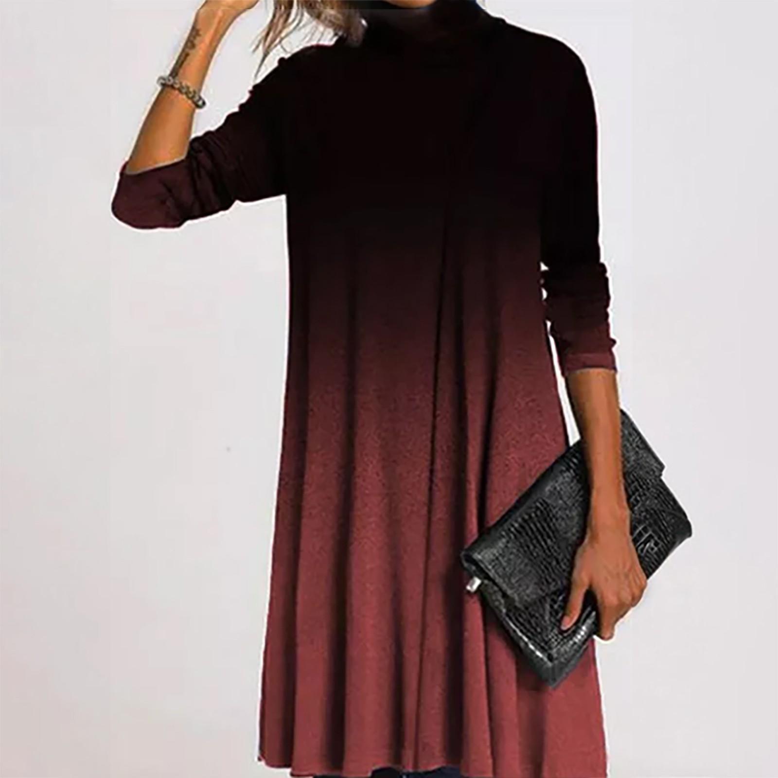 

Женская мода с принтом, полувысоким воротником и длинными рукавами, свободное прямое платье XL красный