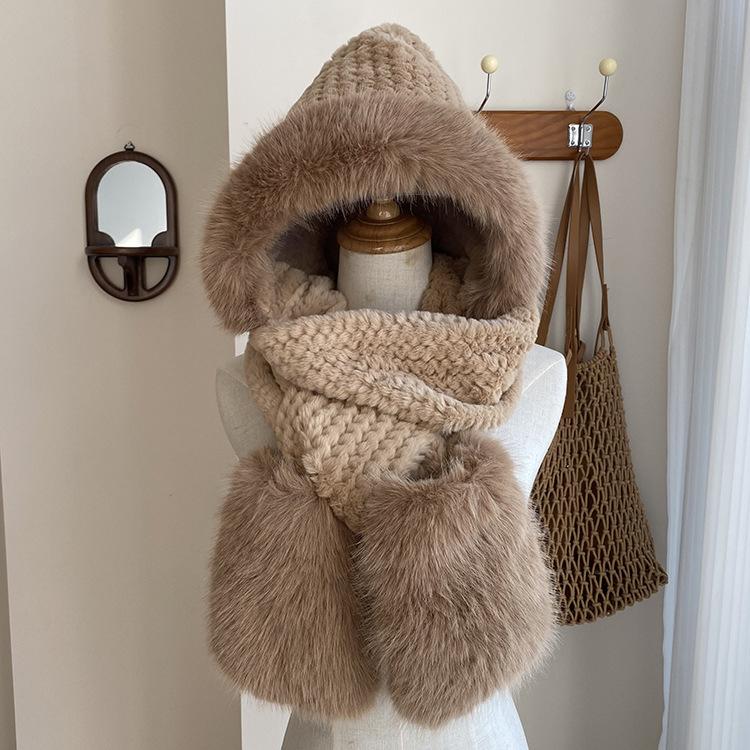 Плюшевая Шапка, Шарф, Перчатки, Набор из Трех Предметов, Утолщенная Ветрозащитная и Теплая Шапка для Северо-Востока, Интегрированная Шапка-Свитер. One size хаки