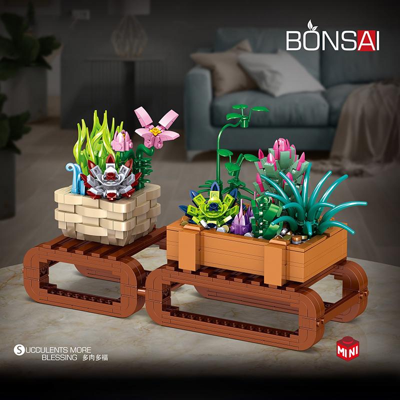 Simulation Bonsai Plant Succulents Sakura Blossom Potted Mini Building Blocks City Street View Tree Flower Bricks Toys Gifts
