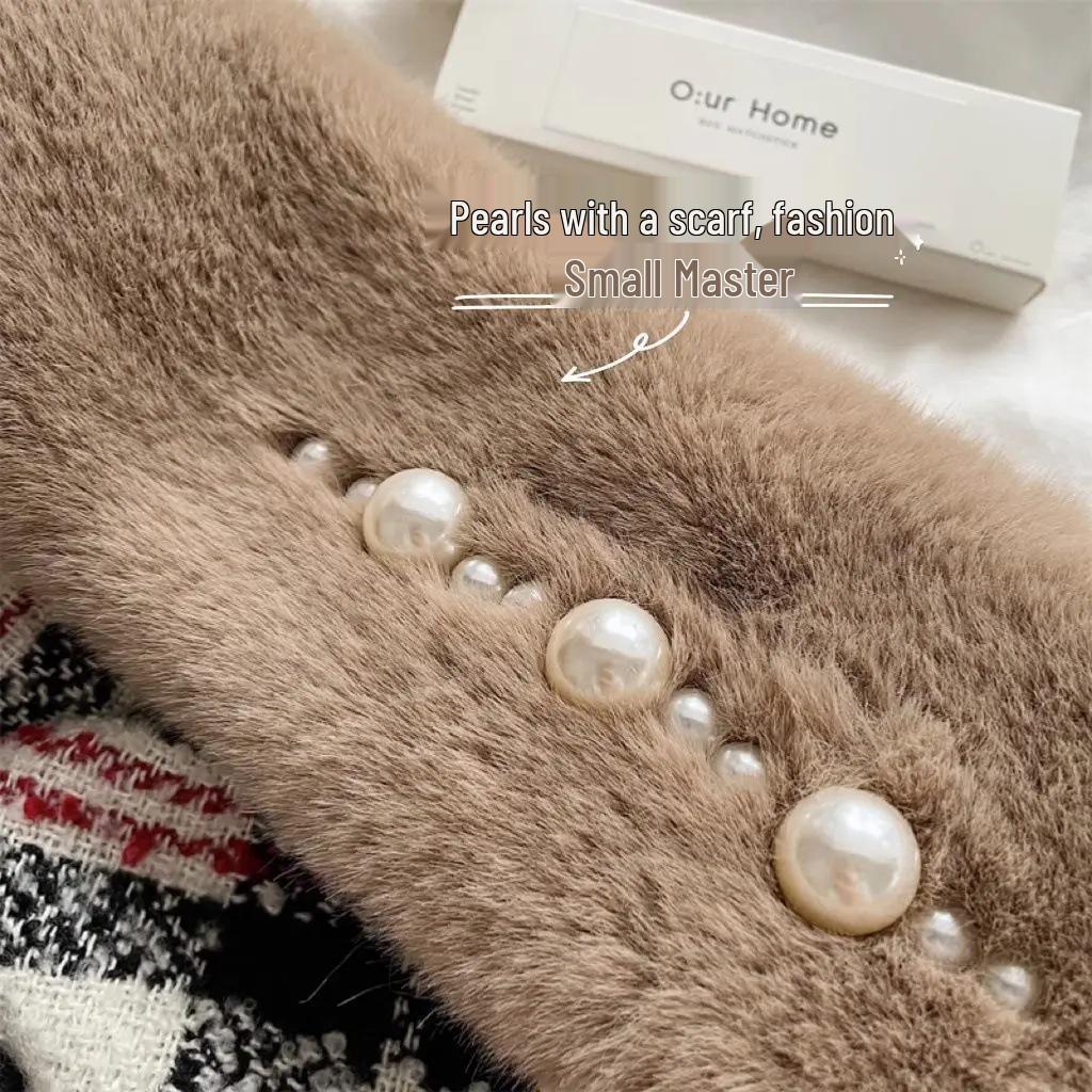 Korean Pearl Plush Imitation Rex Rabbit Fur Scarf - Thickened Cross Design for Autumn and Winter
