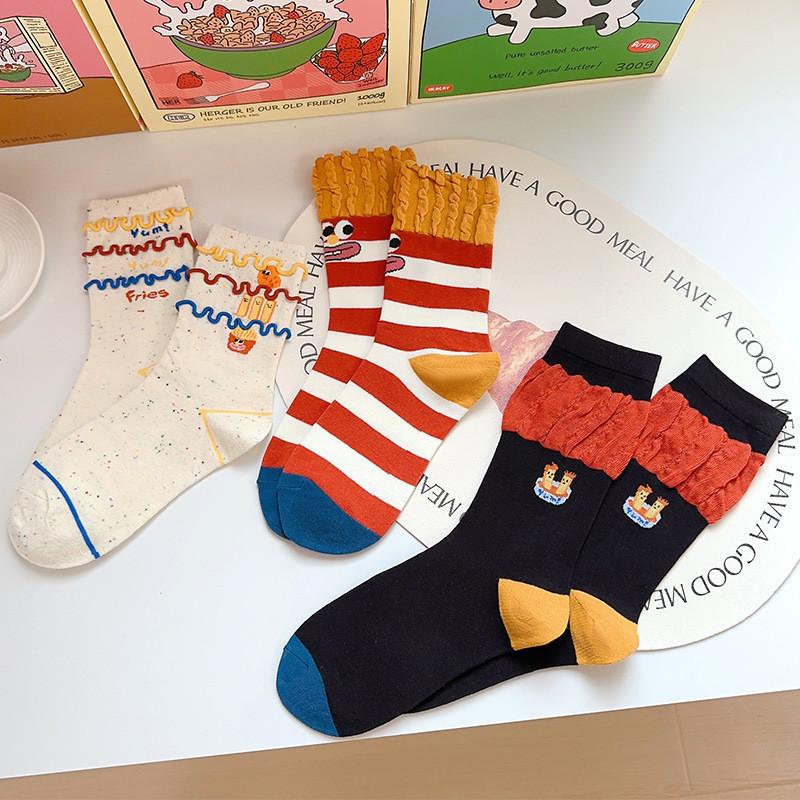 Fries Socks Rainbow Design Cute Female Cartoon Autumn/Winter Mid Tube Socks Stacking Socks Creative Funny Trendy Fashion Cotton Socks Don't Mess Up