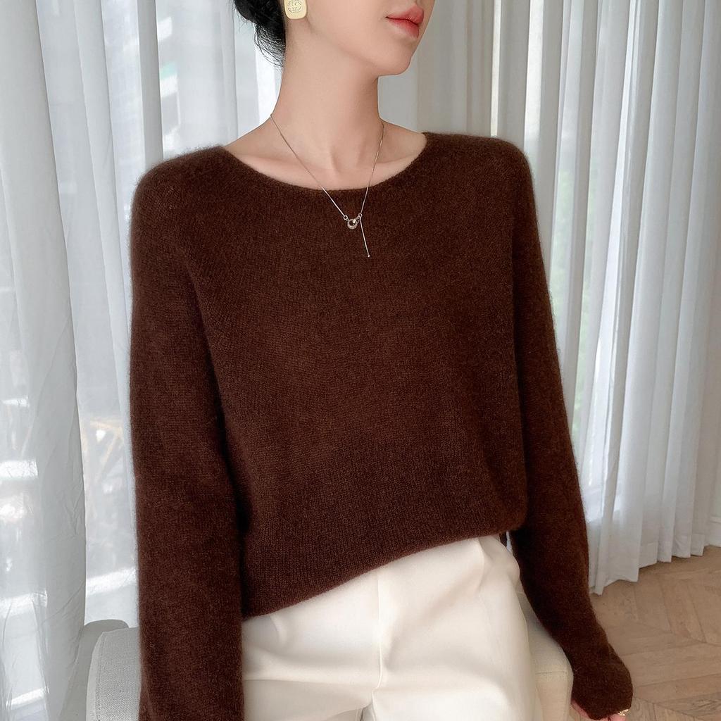Elegant One-Shoulder Mulberry Silk Cashmere Sweater for Women - Slimming Autumn/Winter Knit Base Layer