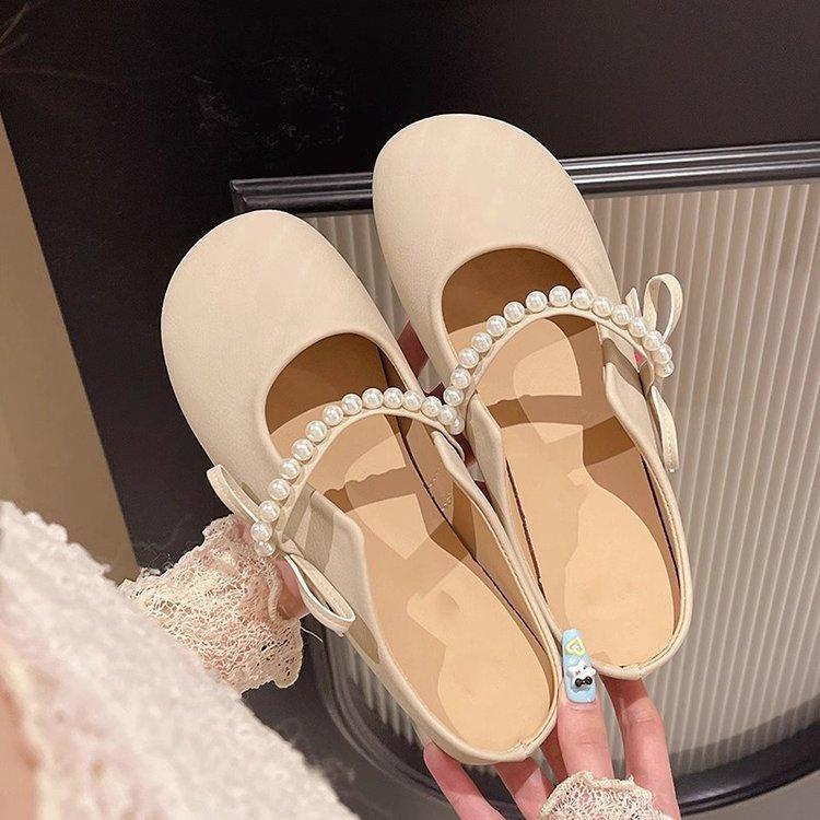 Baotou half slippers women's summer wear casual and versatile 2025 new pearl one-pedal flat sandals lazy shoes