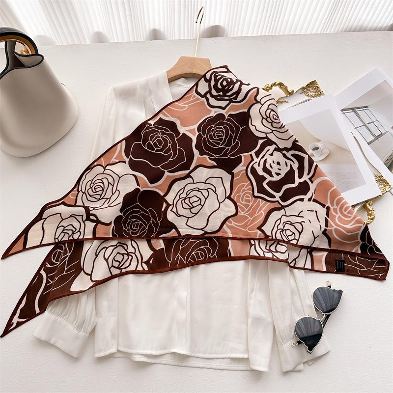 Flower Herringbone Velvet Printing Triangle Scarf Shawl Outer Scarf Headscarf Fashionable Versatile Scarf