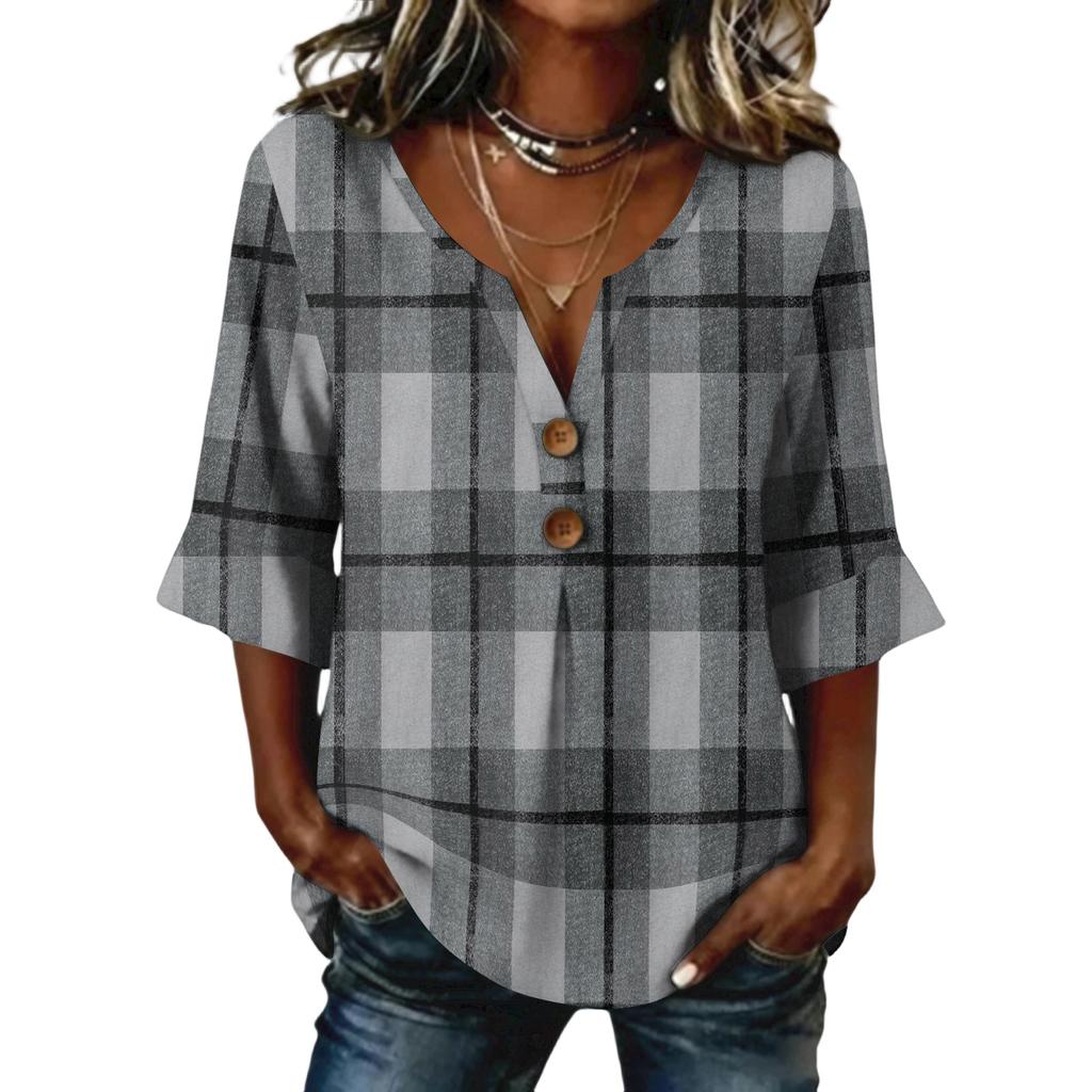 Ladies' plaid printed button casual V-neck fashionable seven quarter sleeve top