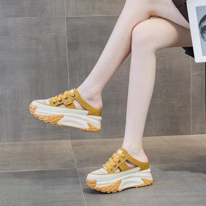 Fashion Designer Women Baotou Slippers Platform Mules Shoes Trend Lace-up Breathable Wedges Half Slippers Outdoor Women's Casual Sandals