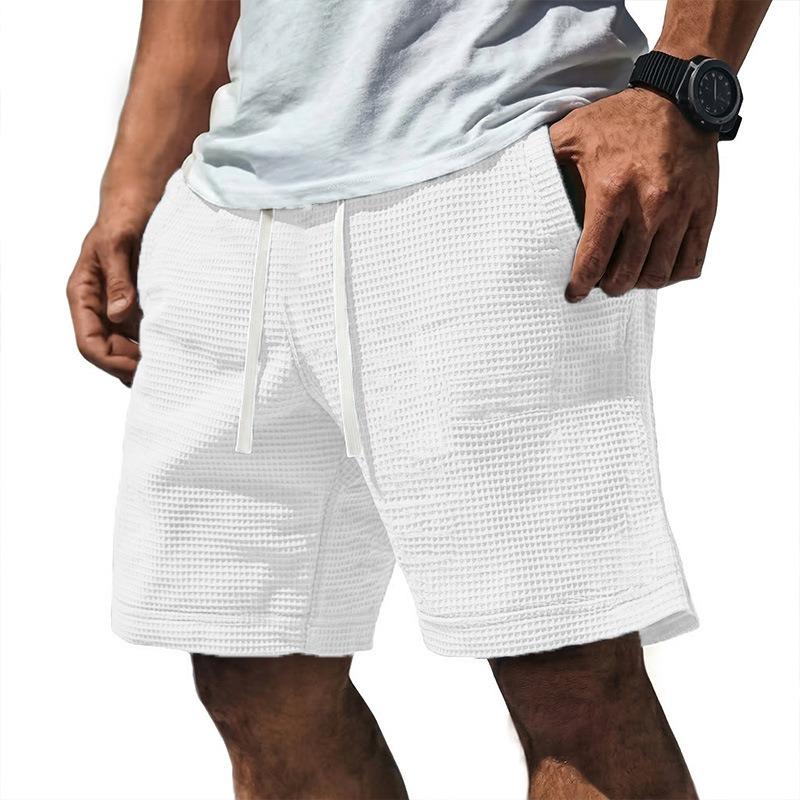 Mens Solid Color Waffle Drawstring Pockets Casual Straight Summer Shorts