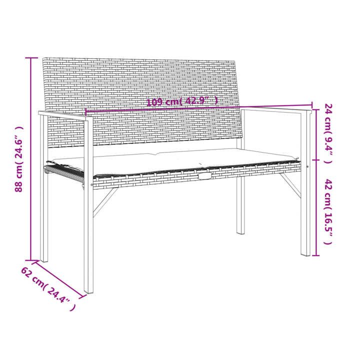 VidaXL Banc de jardin à 2 places avec coussin noir résine tressée, siège de jardin, banc de parc, banc de porche, banc 364119