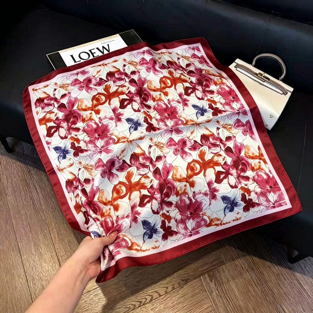 71Cm New Chinese Simulation Silk Square Scarf Soft and Skin-friendly Ink Flower Rhyme Printing Silk Scarf Neck Sunscreen Small Scarf