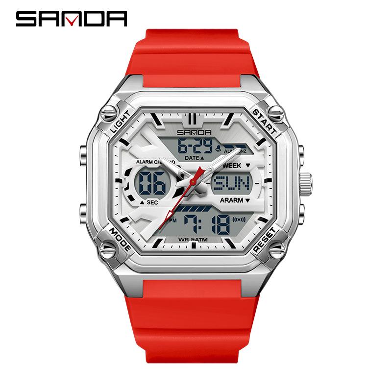 Sanda Men's Multifunctional Waterproof Electronic Watch - Trendy Timer with Dual Display & Three-Time Zone Outdoor Alarm.
