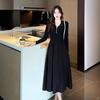 Small grain long-sleeved dress women's year winter new temperament Hepburn style knitted small black long dress