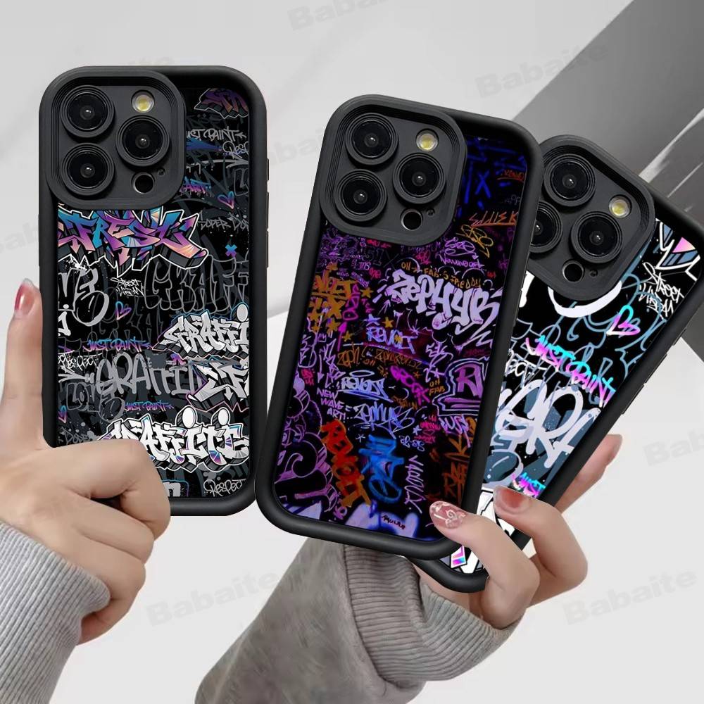Stylový černý graffiti kryt na telefon pro iPhone 11 12 13 16 15 17 14 Pro Max Měkký silikonový kryt Funda