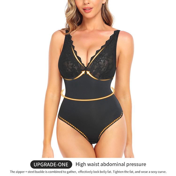 Lace Thong Bodysuit Shapewear, One Piece Spaghetti Strap Tummy Control Slimming Body Shaper