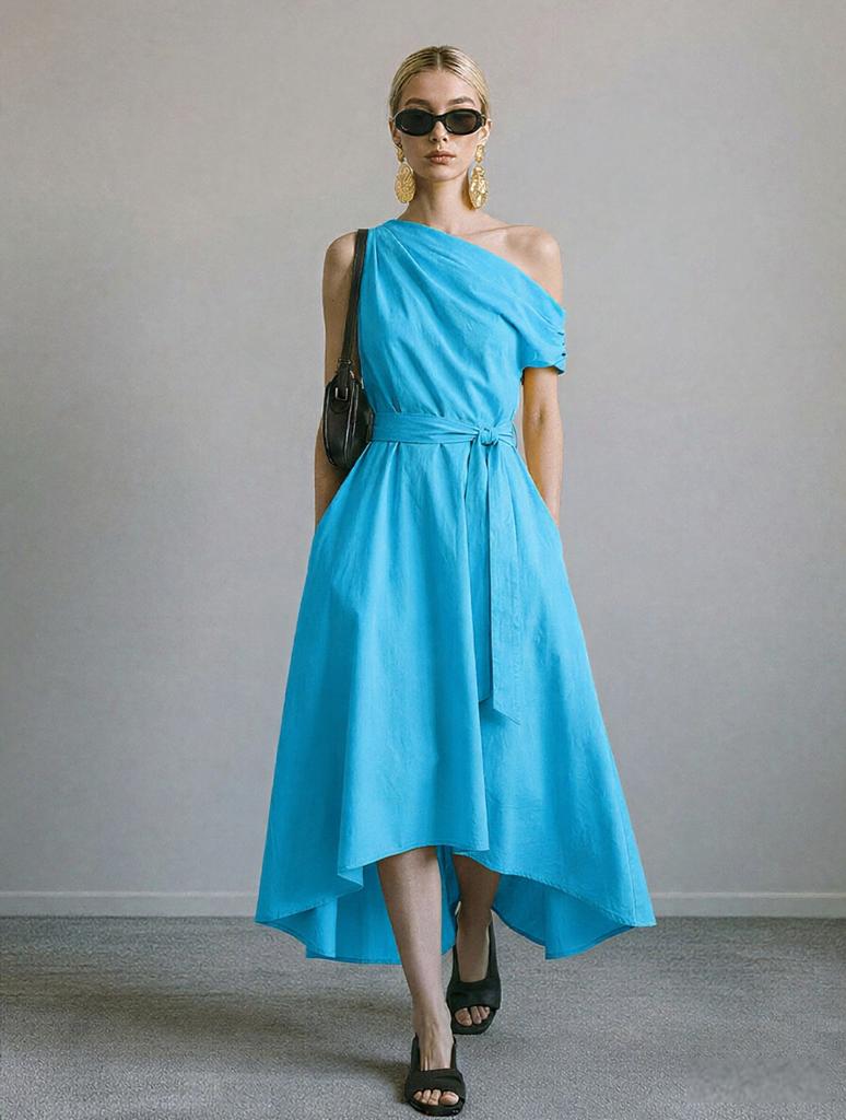 New Summer/Fall Collection Elegant Off-the-Shoulder Waist-Cinched Tie-Front Dress with Asymmetrical Hem for Women