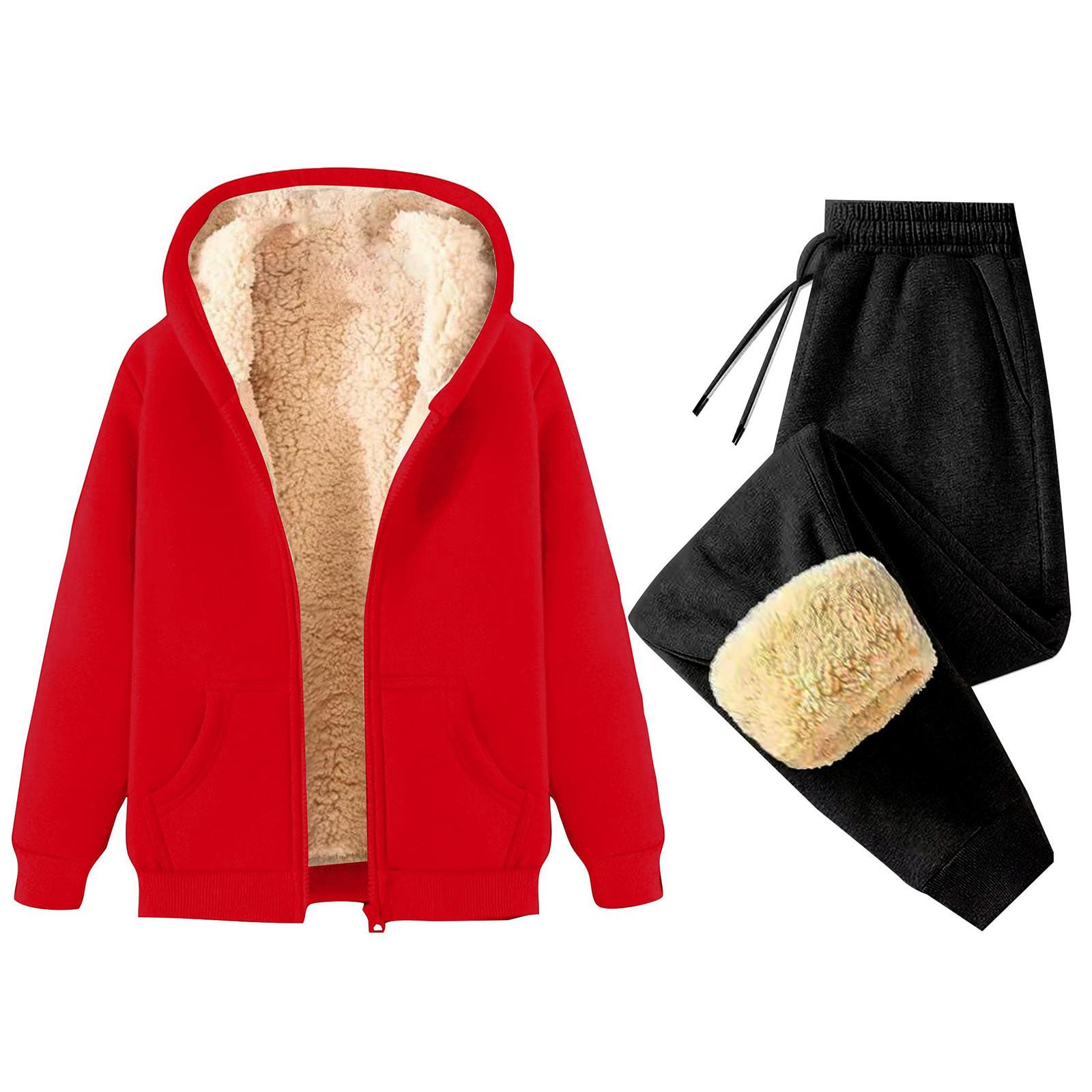 

Женская мода однотонная и зимняя утепленная толстовка с капюшоном на молнии, куртка, спортивные штаны, повседневный комплект из двух предметов XL красный