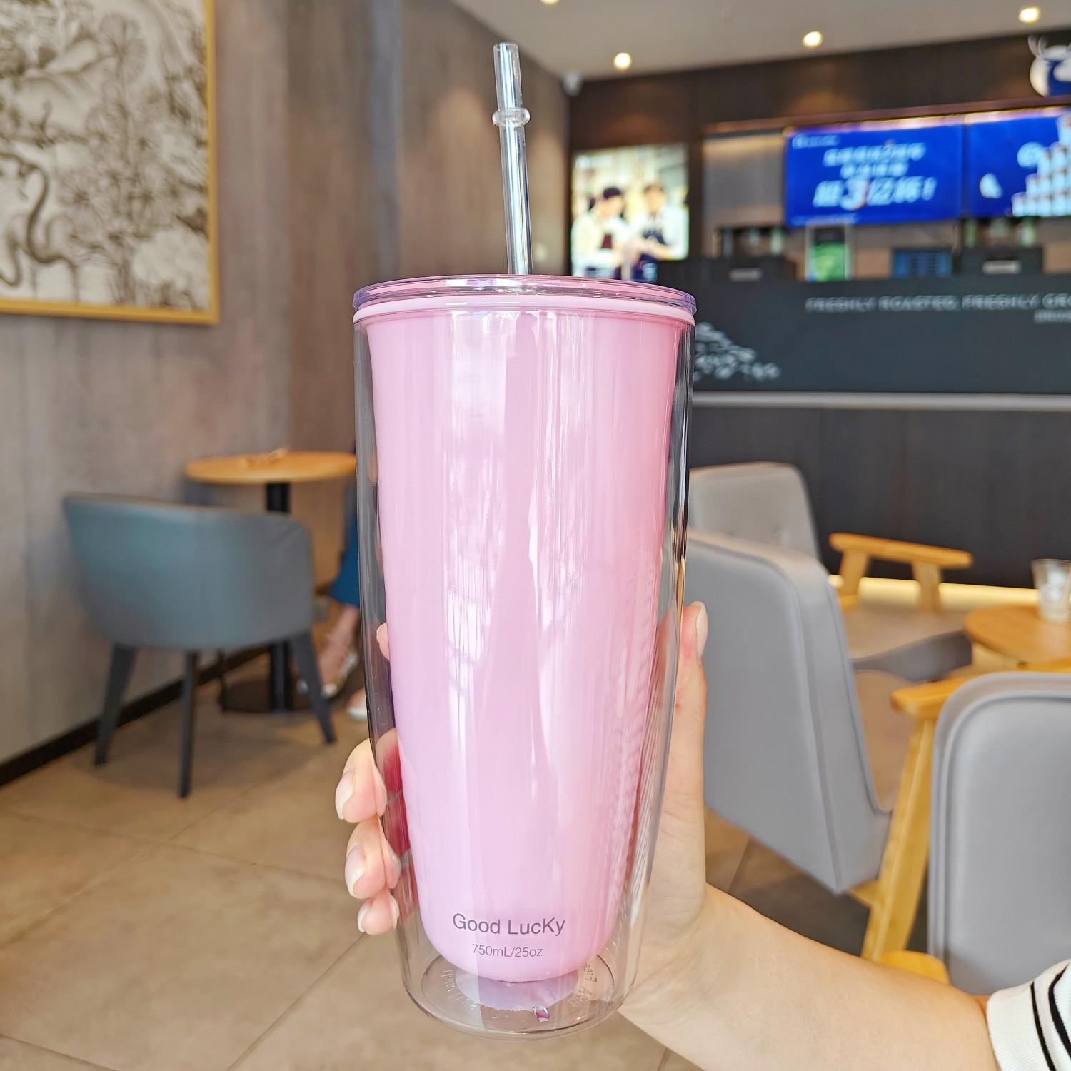 Trendy Double-Layer Crushed Ice Straw Cup - Large Capacity Fashionable Plastic Cups for Couples 750ml