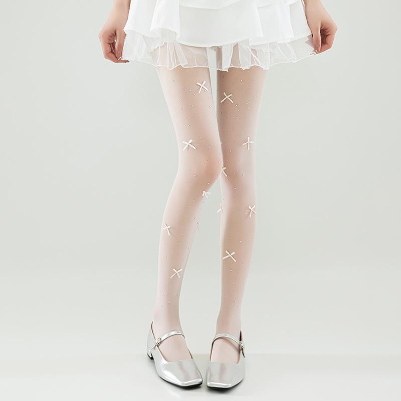 

Rhinestone Bowknot Stockings for Women, Summer Thin Anti-Snag Pure White Stockings lolita Ballet-style tights Simple packaging, one siz