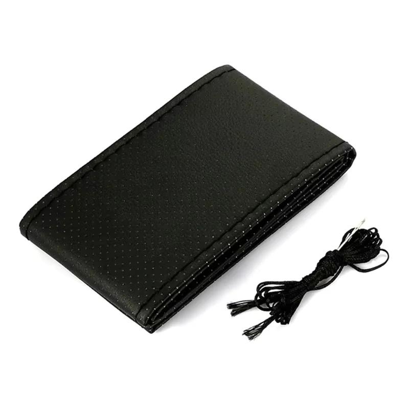 

Universal Leather car steering wheel stitched on cover to fit 38cm 14 DIY sewn breathable and non-slip black чорний