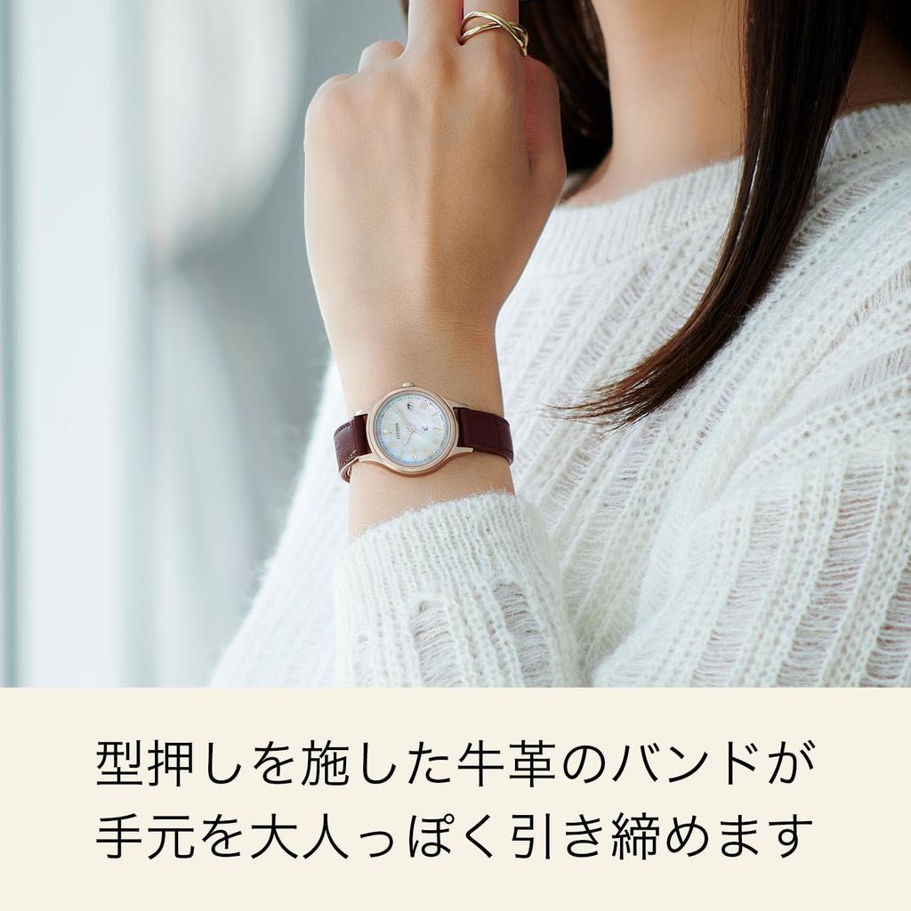 Citizen Lightweight Sakura Pink Date Second Simple Solar Brown ES9497-02D Women's Radio-Controlled Watch, Leather, Mother-of-Pearl Finish, Waterproof,