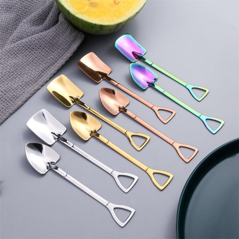 2PCS/SET Retro Shovel Flat Coffee Tea Ice cream Metal Spoon Gift Bar stainless steel Dessert Spoons Housewares kitchen