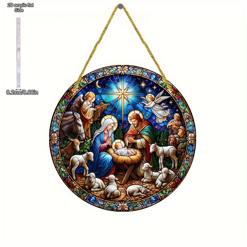 Round Acrylic Stained Sun Catcher - Vibrant Jesus Birth Design, Ideal for Porch & Garden Decor, Spiritual Home Decor, Four Seasons Decoration