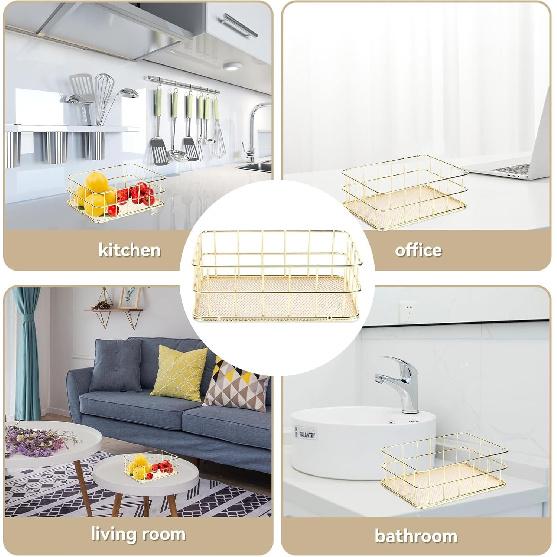 Desktop Metal Storage Basket, Gold Grid Storage Tray Small Wire Baskets Fruit Basket Metal Organizer Tray Home Decoration Ornaments, 6.7 X 4.7 X