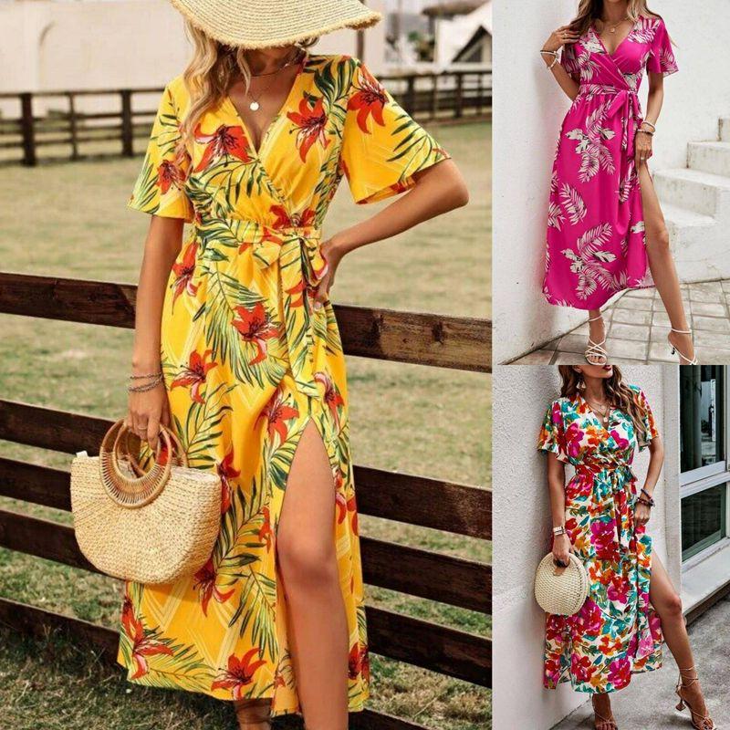 

Amazon Независимая станция Экспорт 2025 Лето Новое поступление Женское платье с принтом, с коротким рукавом, Праздничное платье с V-образным вырезом, приталенное по талии, длинное White M