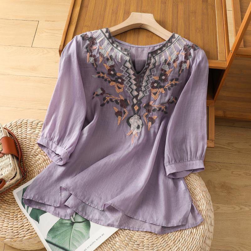 Women's Artistic Embroidered V-Neck Cotton Linen Top - Casual, Loose Fit, Slimming Short Sleeve