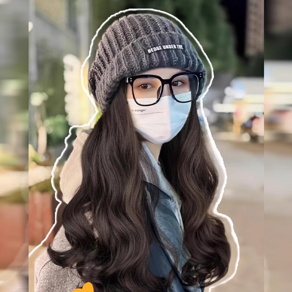WTB Hat Wig Integrated Synthetic Wig Women Fashion Autumn And Winter Gray Warm Wool Knitted Hat Long Curly Wig Hat