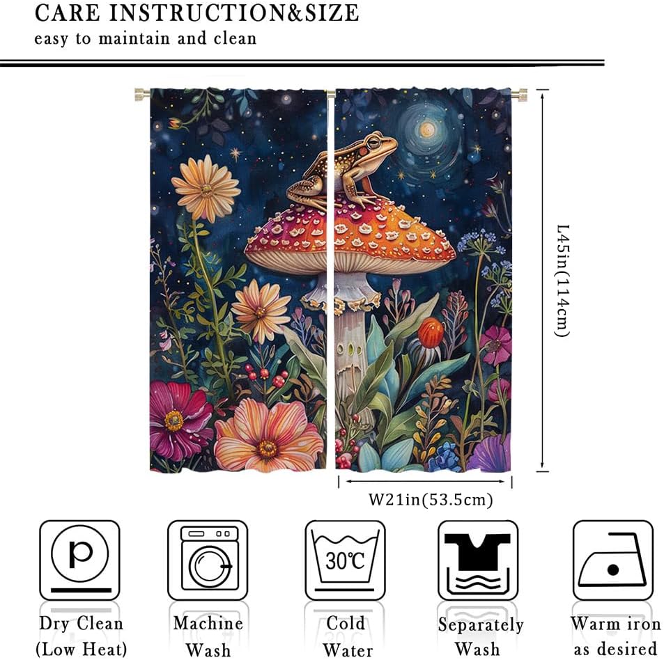 Fantasy Colorful Mushroom Frog Florals Blackout Curtains Vintage Rustic Watercolor Spring Garden Wildlife Frogs Printed Perforat
