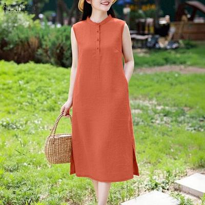 Vestido de verano sin mangas de color liso con cuello redondo casual para mujer