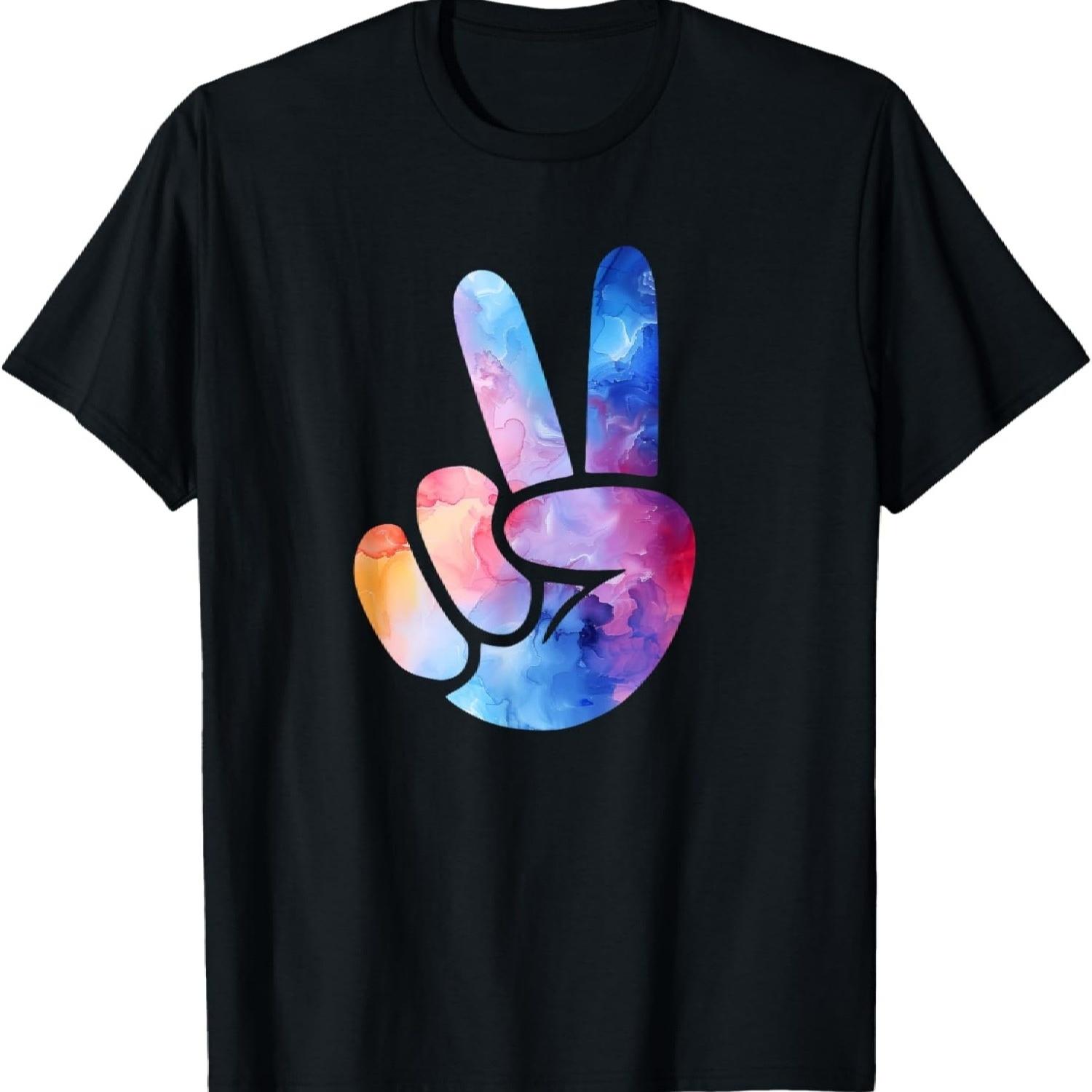 Цветная Силуэтная Цветная Арт Акварель Знак Мира Рука Футболка(39) S чёрный