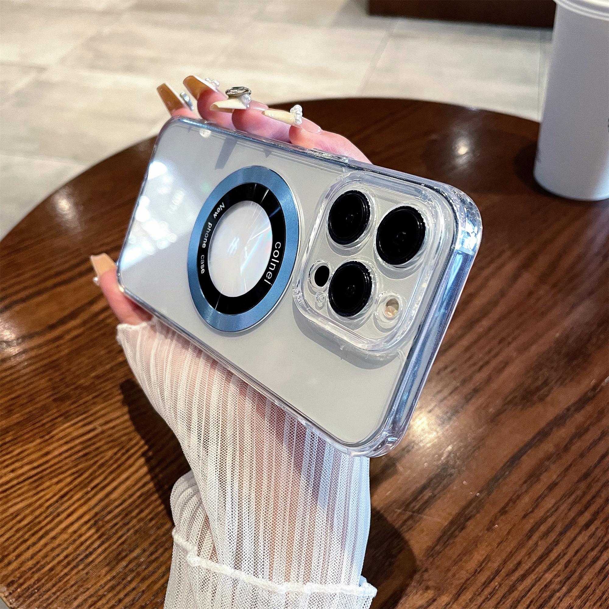 

For iPhone 15 Pro Magnetic Case Clear Back Phone Cover TPU+PC with Ring Logo View Blue