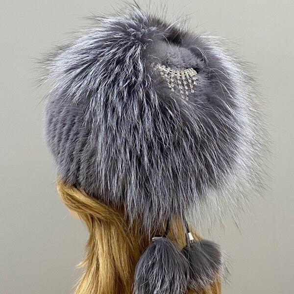 New Style Real Mink Fur Hat fluffy Winter Lady Natural Fox Fur Beanie Ball Hat Knit Warm Genuine Mink Fur Cap Luxury Women's Hat