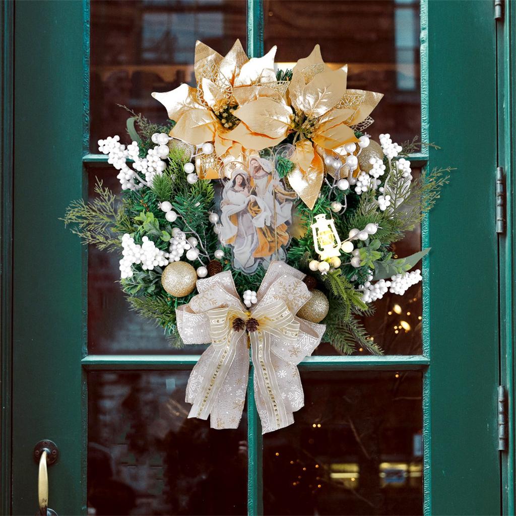 Christmas Glowing Golden Oil Lamp Wreath, Door Hanging Christmas Window Christmas Wreath Decorations