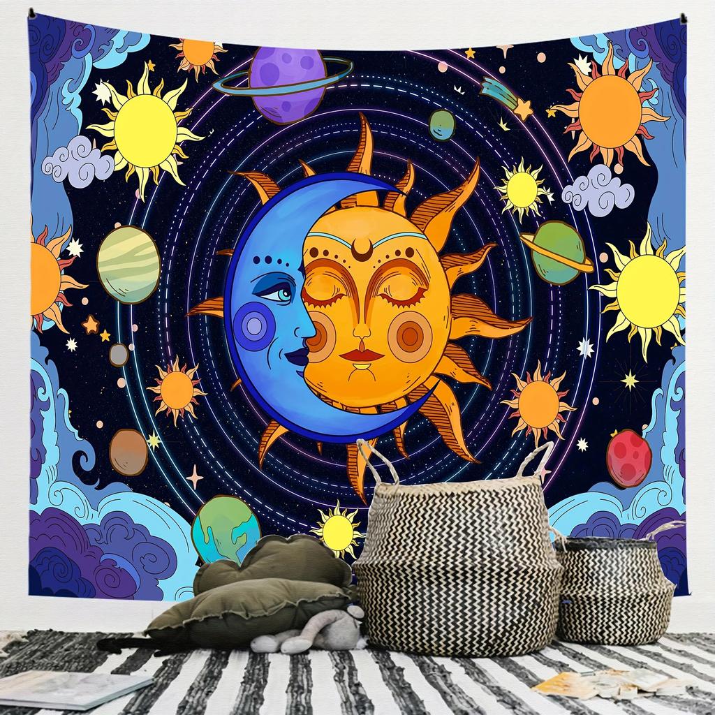 Celestial Harmony Wall Tapestry for Living Room Decor, Featuring a Vibrant and Whimsical Illustration of the Sun and Moon