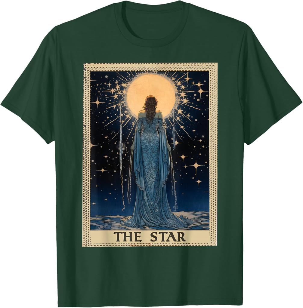 Das Stern Tarotkarten Grafik-T-Shirt Vintage-Stil Astrologie Himmlischer Druck Herren Kurzarm-T-Shirt