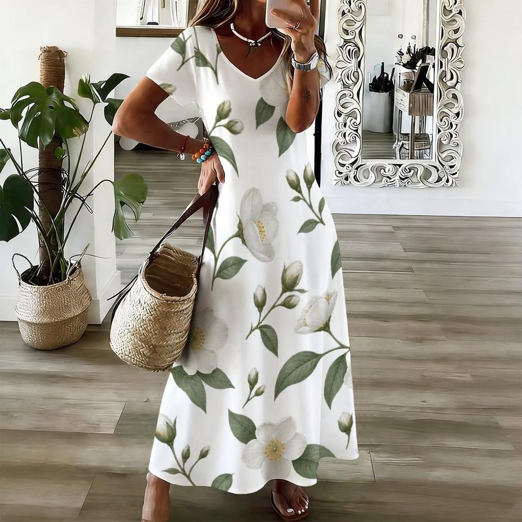 Women Plus Size V Neck Short Sleeve Floral Printed White Maxi Dress