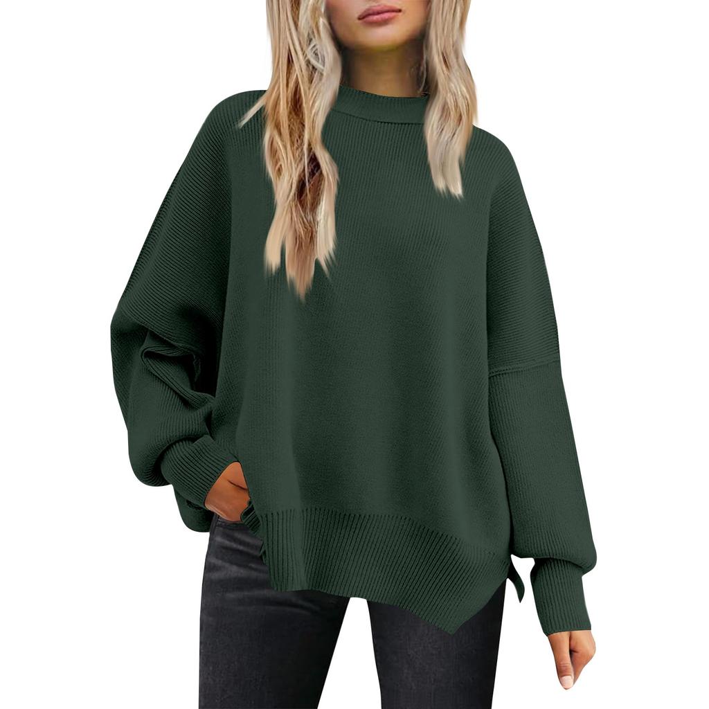 Women's Fashion Round Neck Long Sleeve Sweater Knitted Side Slit Pullover